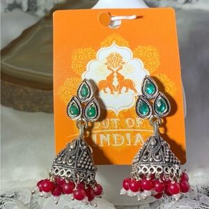 Intricate Silver , Red and Green Jhumka Bali Style Earrings